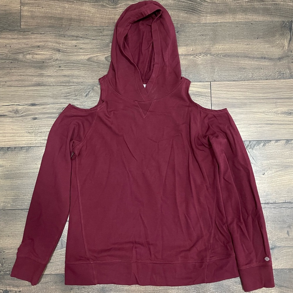 CALIA, long sleeve shirt and hooded with shoulder cutouts, maroon, size medium.